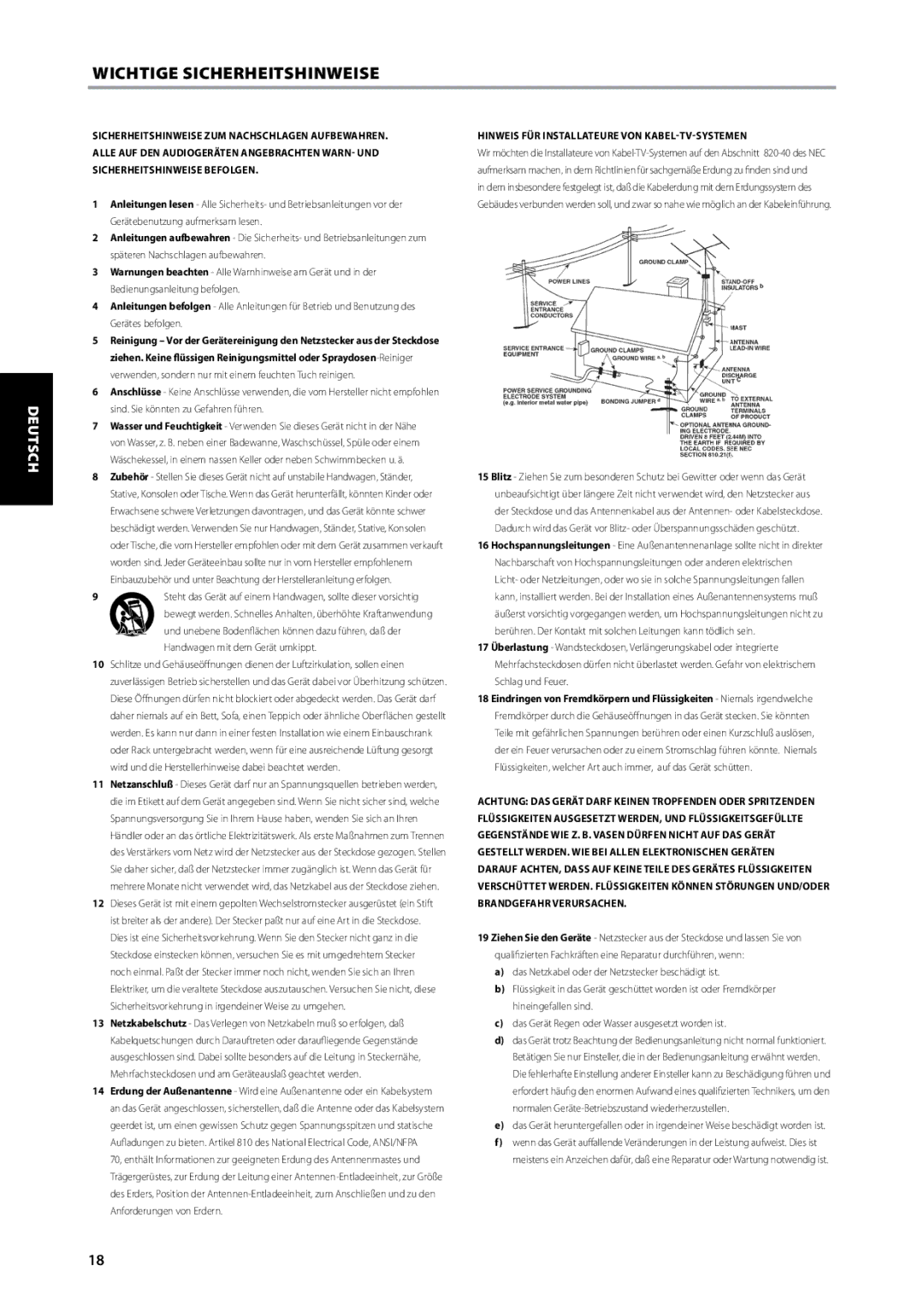 NAD C315BEE owner manual Wichtige Sicherheitshinweise, Hinweis FÜR Installateure VON KABEL-TV-SYSTEMEN 