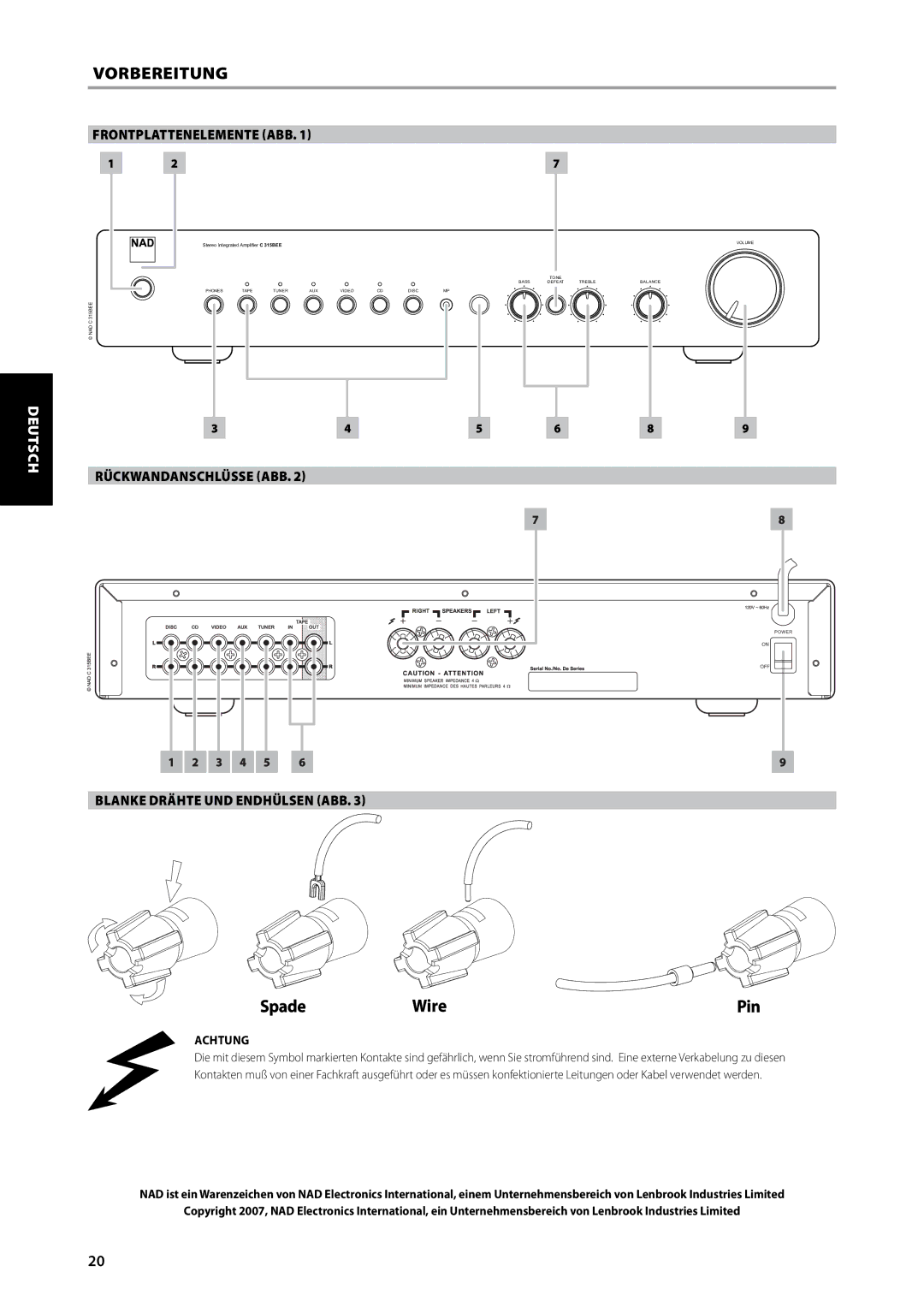 NAD C315BEE Vorbereitung, Frontplattenelemente Abb, Rückwandanschlüsse Abb, Blanke Drähte UND Endhülsen ABB, Achtung 