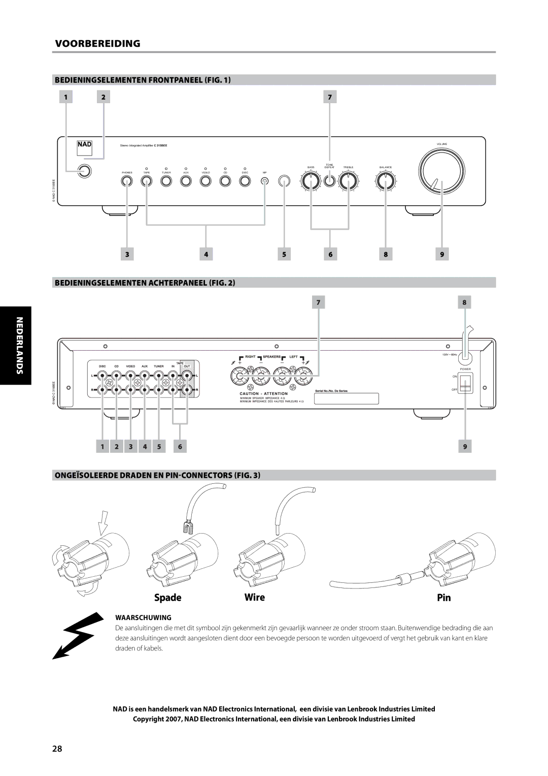 NAD C315BEE Voorbereiding, Bedieningselementen Frontpaneel FIG, Bedieningselementen Achterpaneel FIG, Waarschuwing 