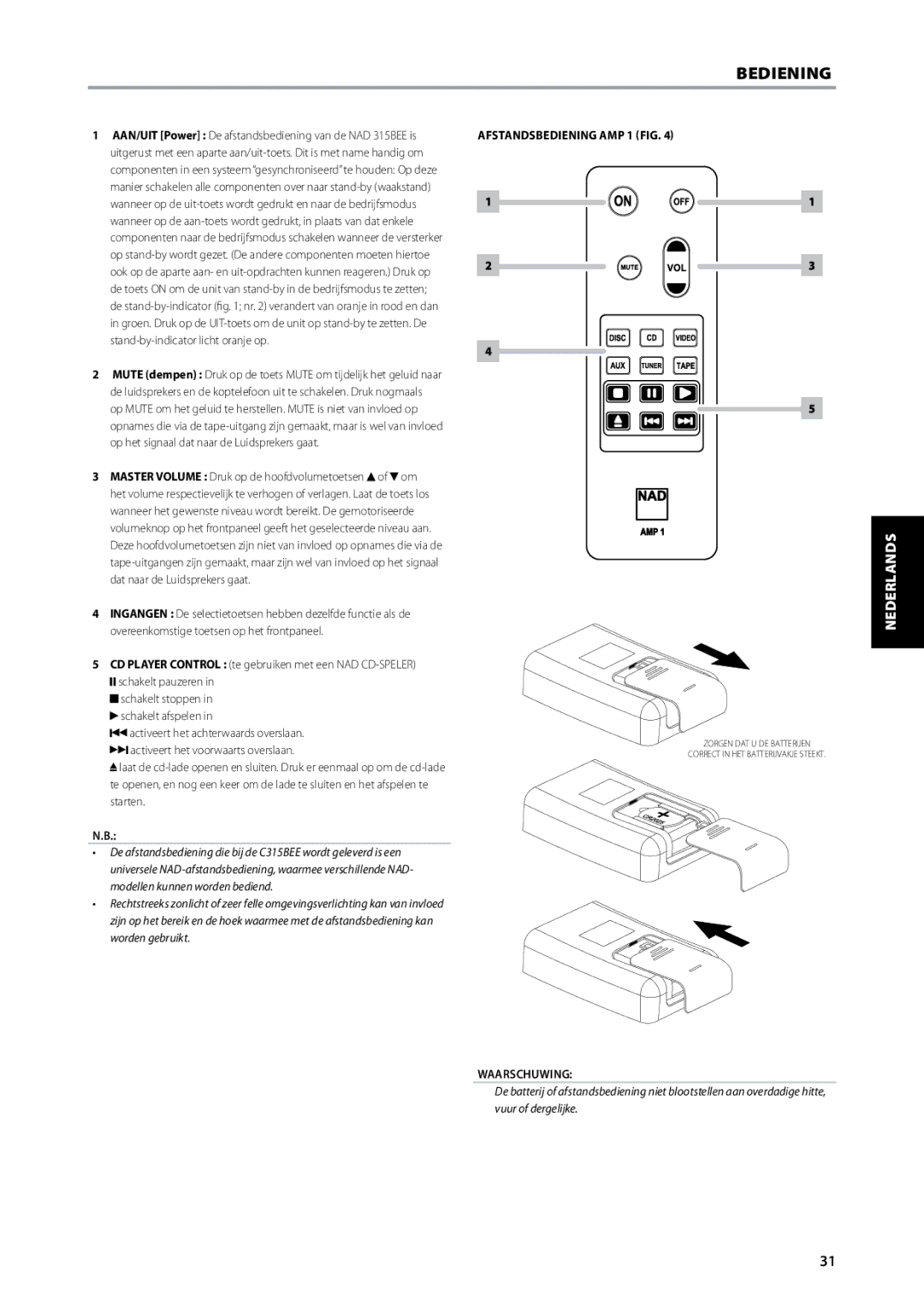 NAD C315BEE owner manual Waarschuwing, Afstandsbediening AMP 1 FIG 