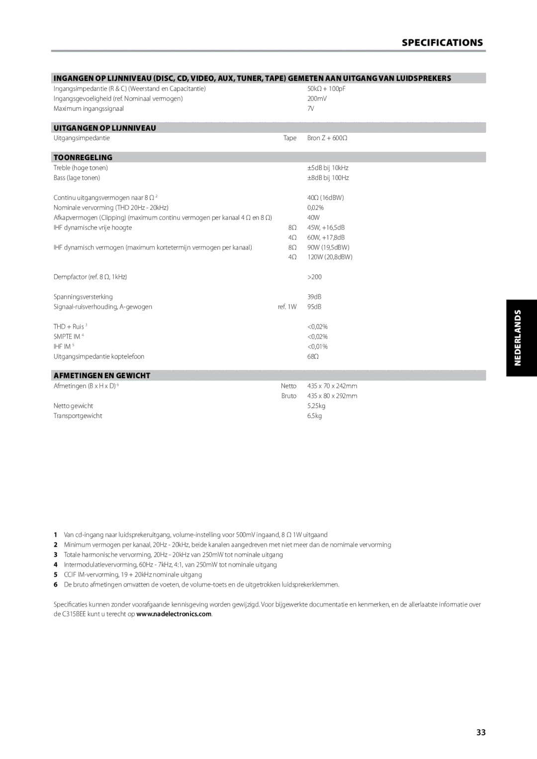 NAD C315BEE owner manual Uitgangen op lijnniveau, Toonregeling, Afmetingen EN Gewicht 