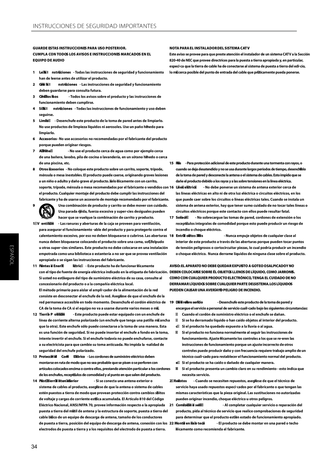 NAD C315BEE owner manual Instrucciones DE Seguridad Importantes, Nota Para EL Instalador DEL Sistema Catv 