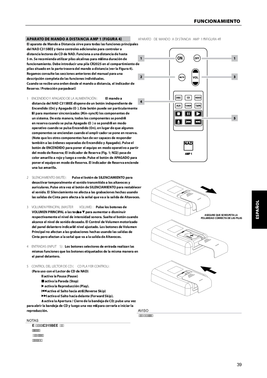 NAD C315BEE owner manual Aparato DE Mando a Distancia AMP 1 figura 