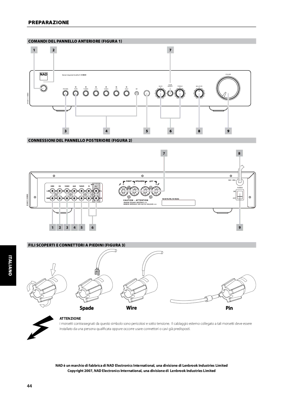 NAD C315BEE Preparazione, Comandi DEL Pannello Anteriore Figura, Connessioni DEL Pannello Posteriore Figura, Attenzione 