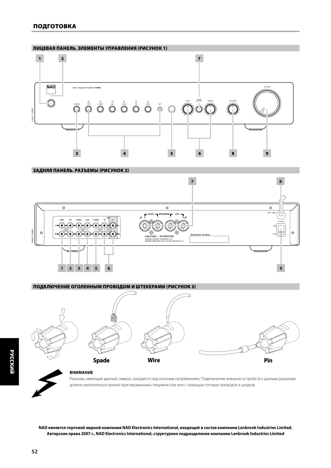 NAD C315BEE owner manual Подготовка, Лицевая ПАНЕЛЬ. Элементы Управления Рисунок, Задняя ПАНЕЛЬ. Разъемы Рисунок, Внимание 