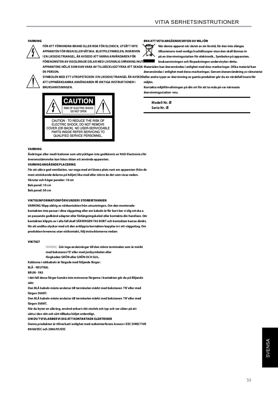 NAD C315BEE owner manual Modell Nr Serie Nr 