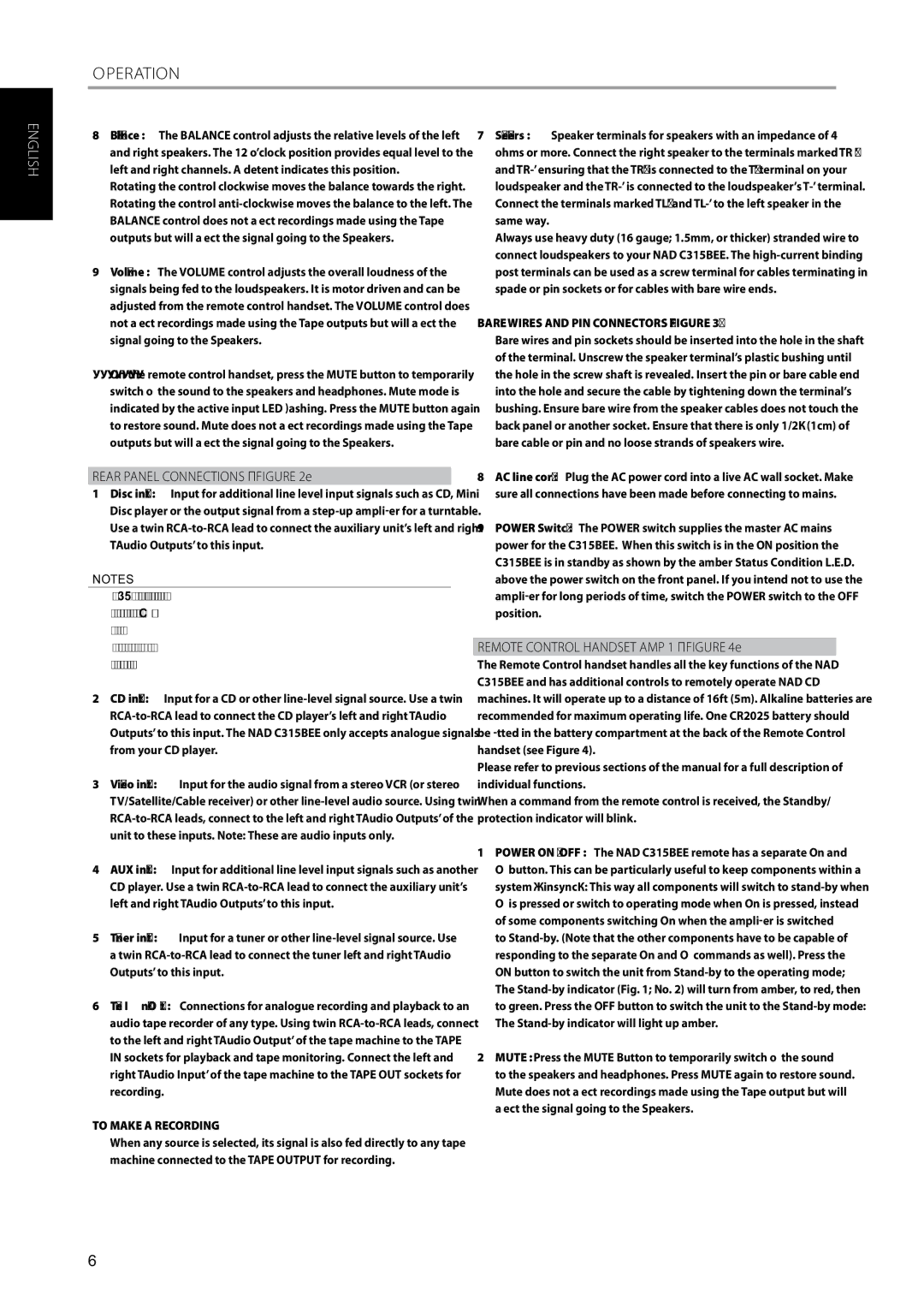 NAD C315BEE owner manual Rear Panel Connections Figure, Remote Control Handset AMP 1 Figure, To Make a Recording 