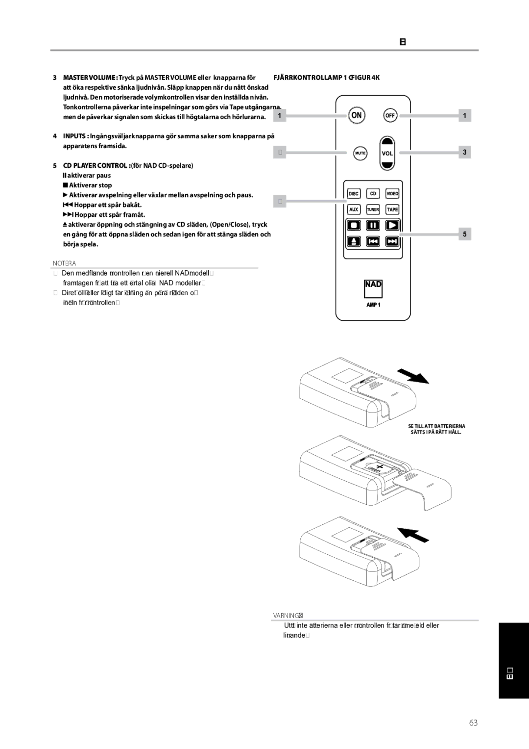 NAD C315BEE owner manual CD Player Control för NAD CD-spelare aktiverar paus, Varning 