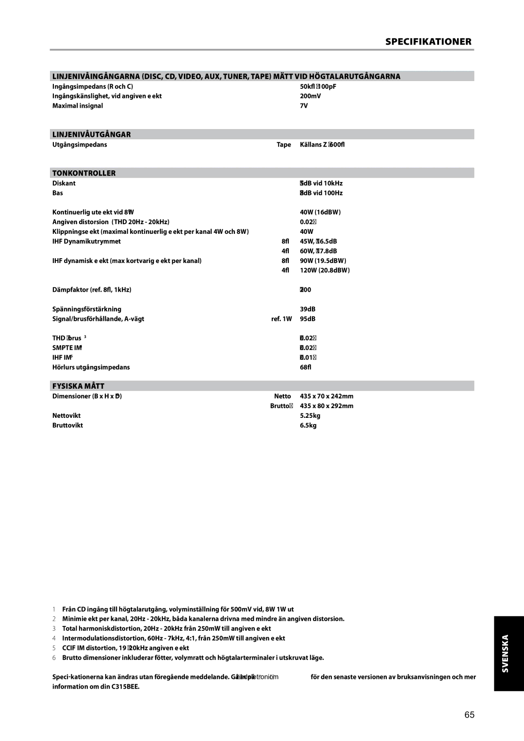 NAD C315BEE owner manual Specifikationer, Linjenivåutgångar, Tonkontroller, Fysiska Mått 