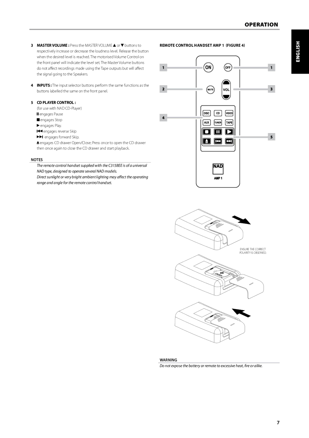 NAD C315BEE owner manual English Français Nederlands Deutsch, Remote Control Handset AMP 1 Figure 