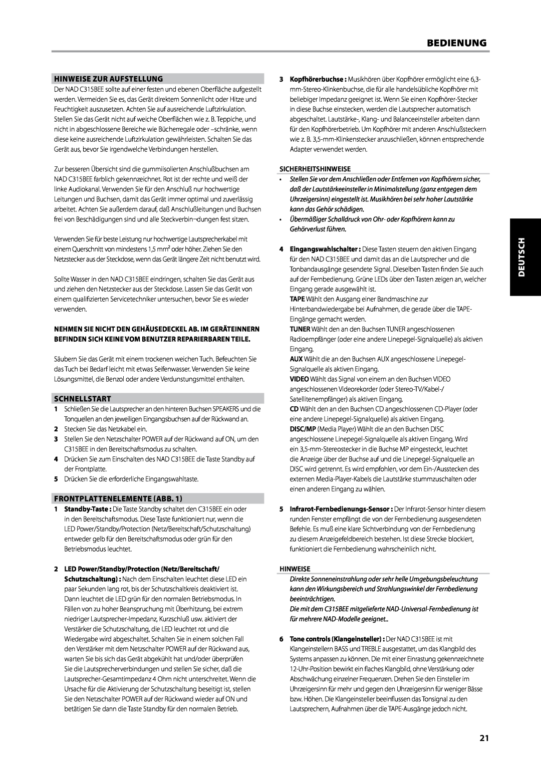 NAD C315BEE owner manual Bedienung, Hinweise Zur Aufstellung, Schnellstart, English Français Español Nederlands Deutsch 