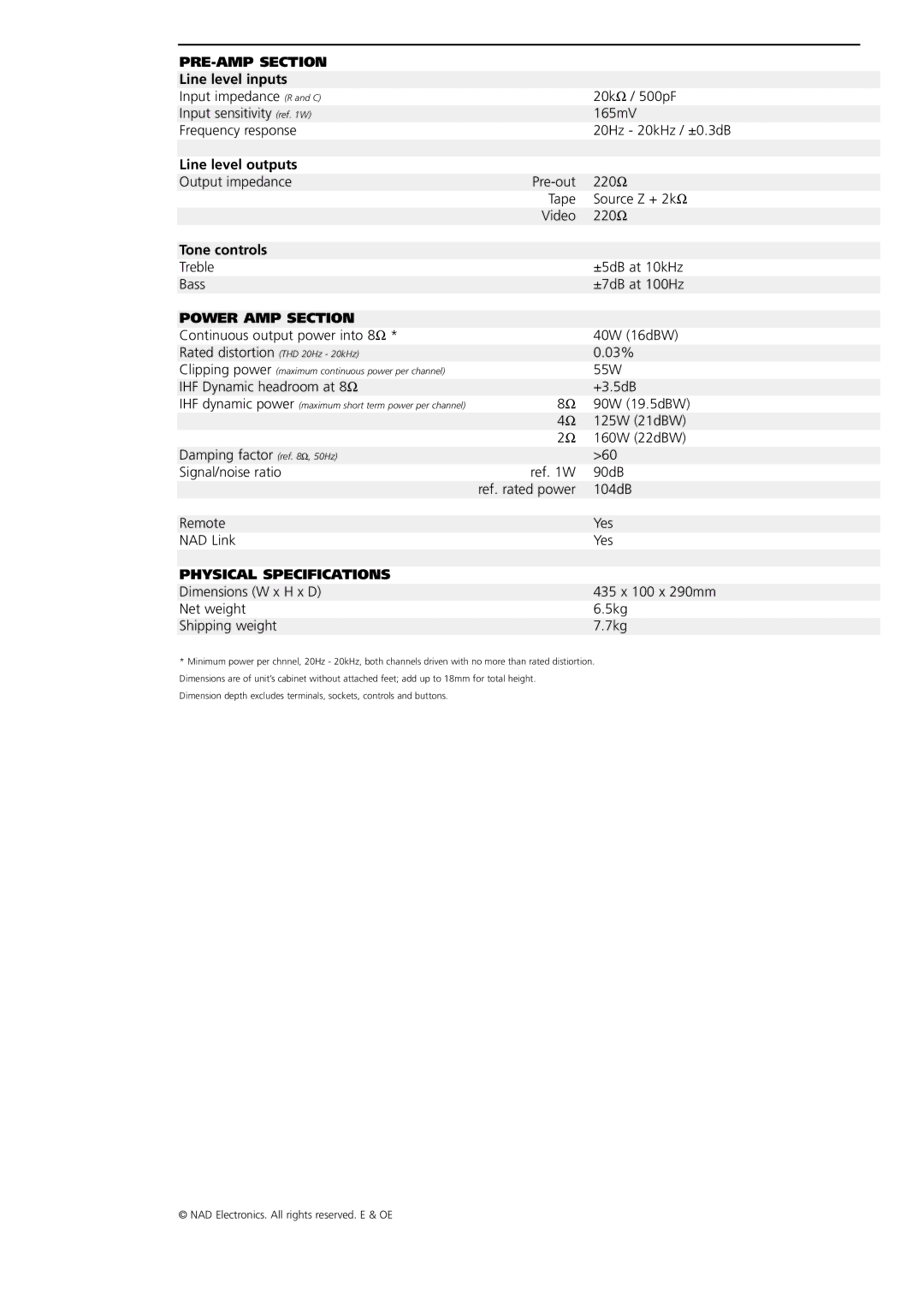 NAD C320 brochure PRE-AMP Section, Power AMP Section, Physical Specifications 