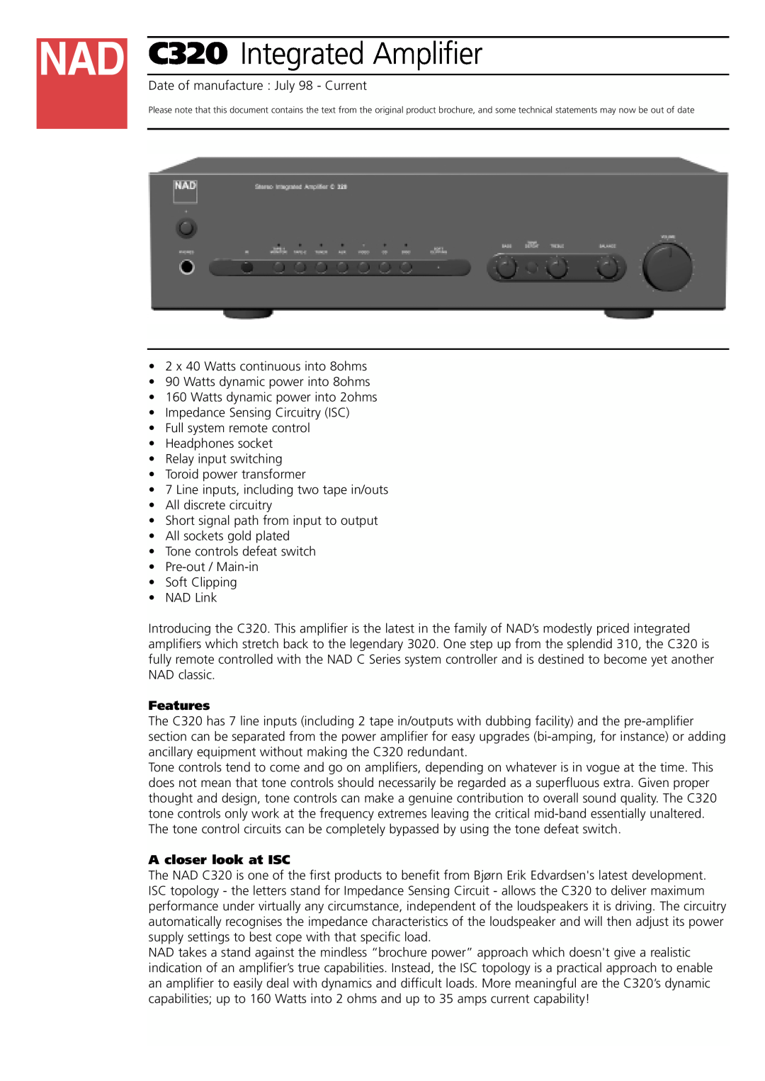NAD brochure C320 Integrated Amplifier, Features, A closer look at ISC 
