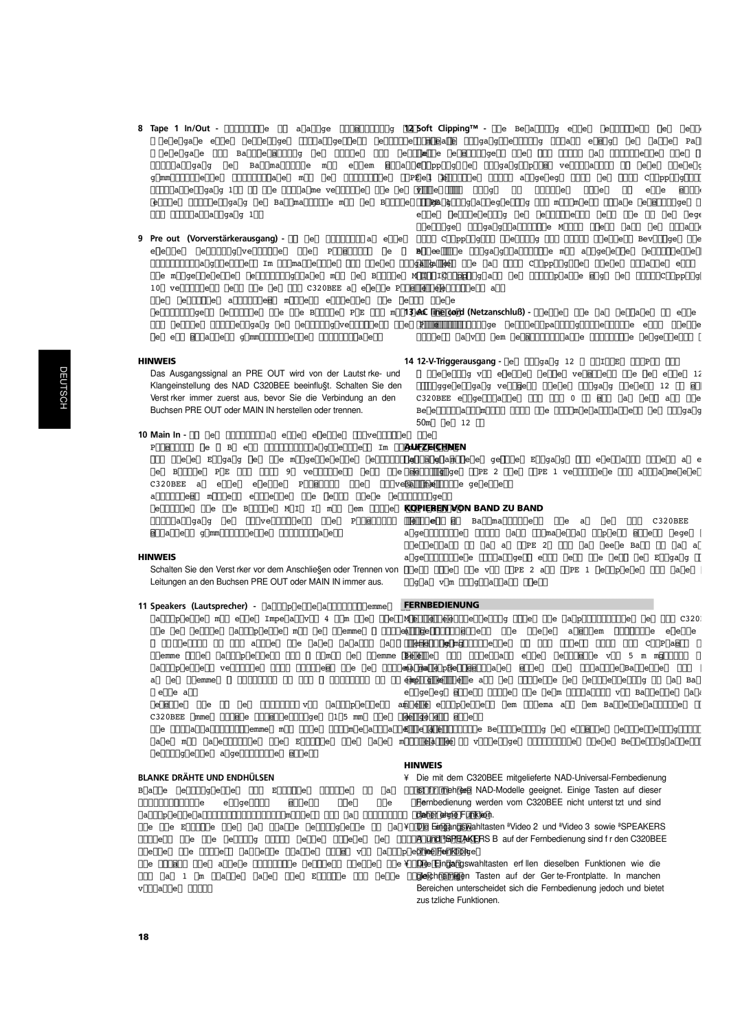 NAD C320BEE owner manual Blanke Drähte UND Endhülsen, Aufzeichnen, Kopieren VON Band ZU Band, Fernbedienung 