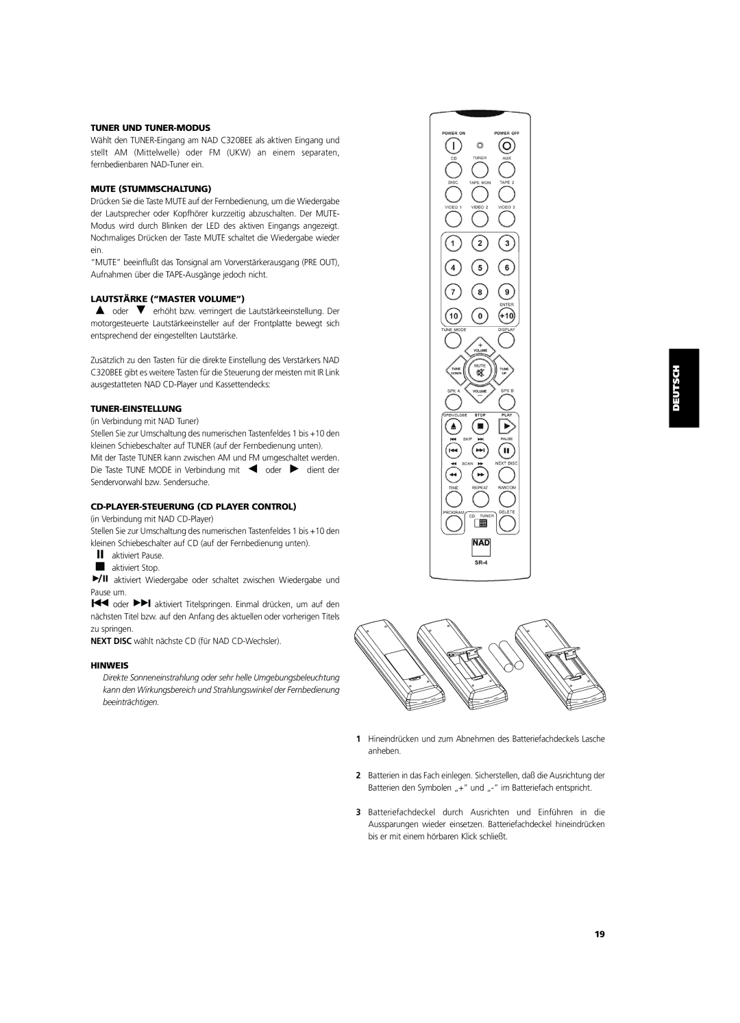 NAD C320BEE owner manual Tuner UND TUNER-MODUS, Mute Stummschaltung, Lautstärke Master Volume, Tuner-Einstellung 