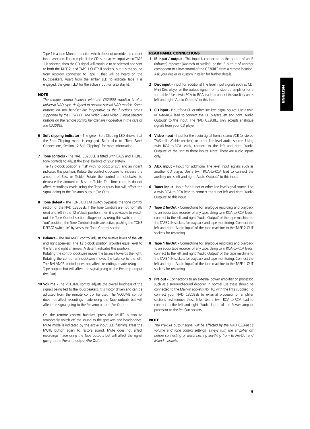 NAD C320BEE owner manual Rear Panel Connections 