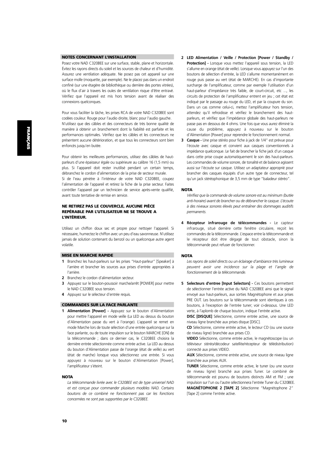 NAD C320BEE owner manual Notes Concernant L’Installation, Mise En Marche Rapide, Commandes Sur La Face Parlante, Nota 