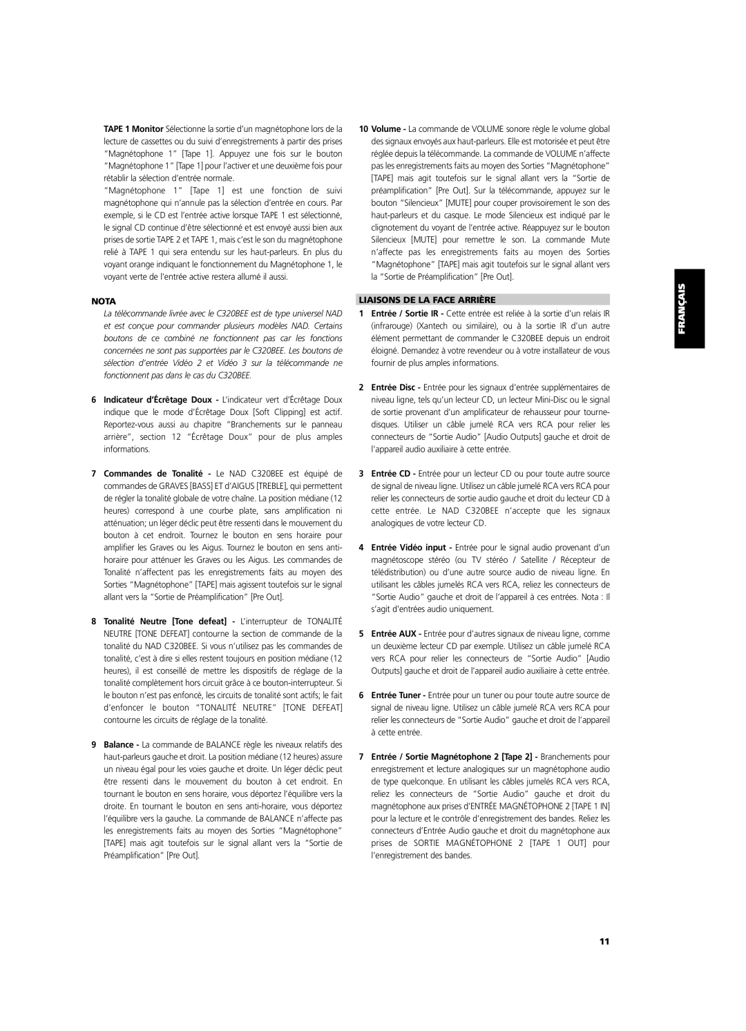 NAD C320BEE owner manual Liaisons De La Face Arrière, Nota 