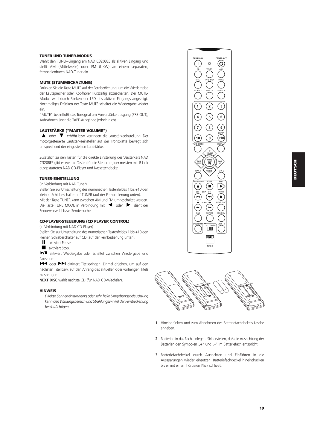NAD C320BEE owner manual Tuner Und Tuner-Modus, Mute Stummschaltung, Lautstärke “Master Volume”, Tuner-Einstellung, Hinweis 