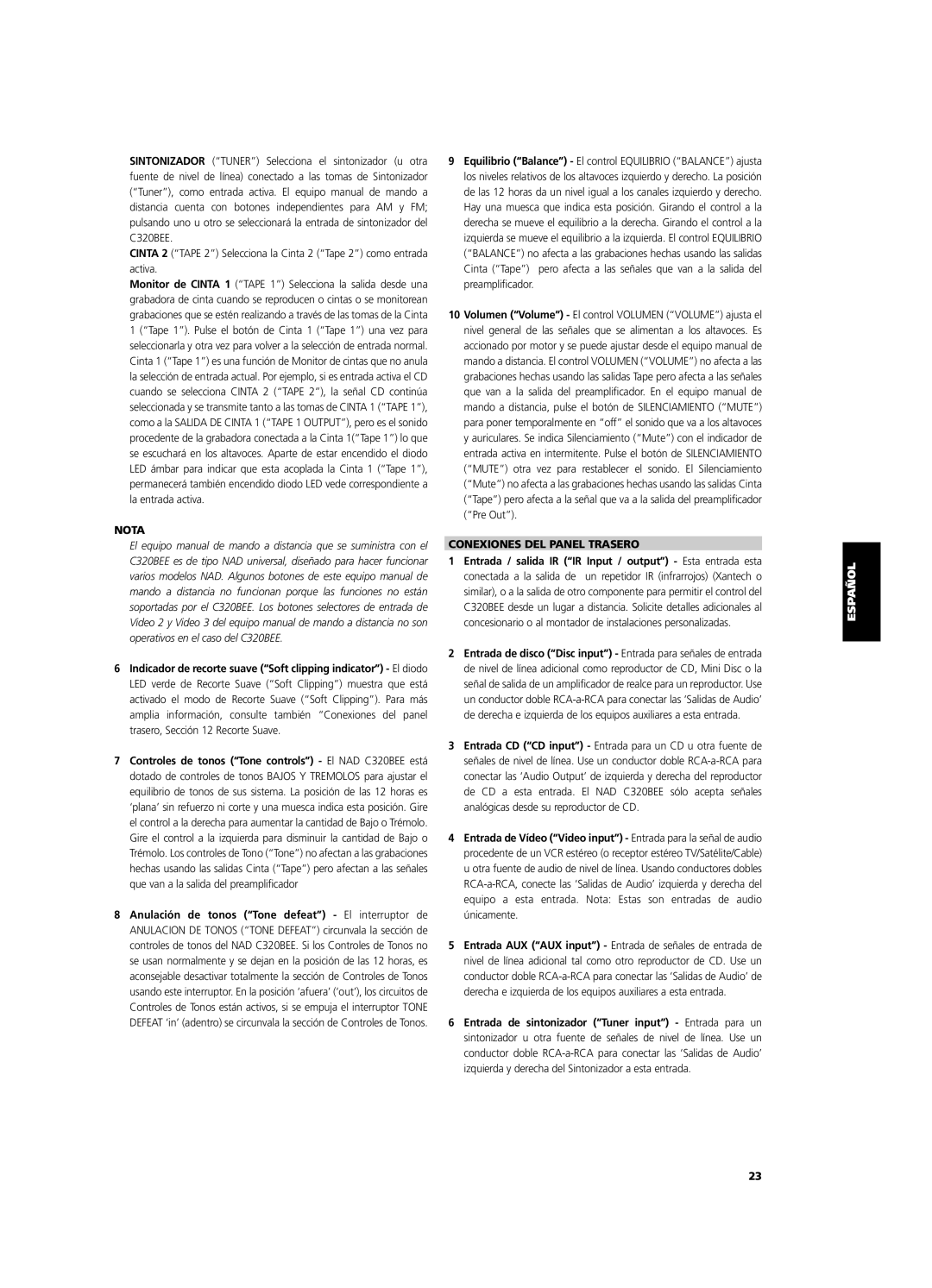 NAD C320BEE owner manual Conexiones Del Panel Trasero, Nota 