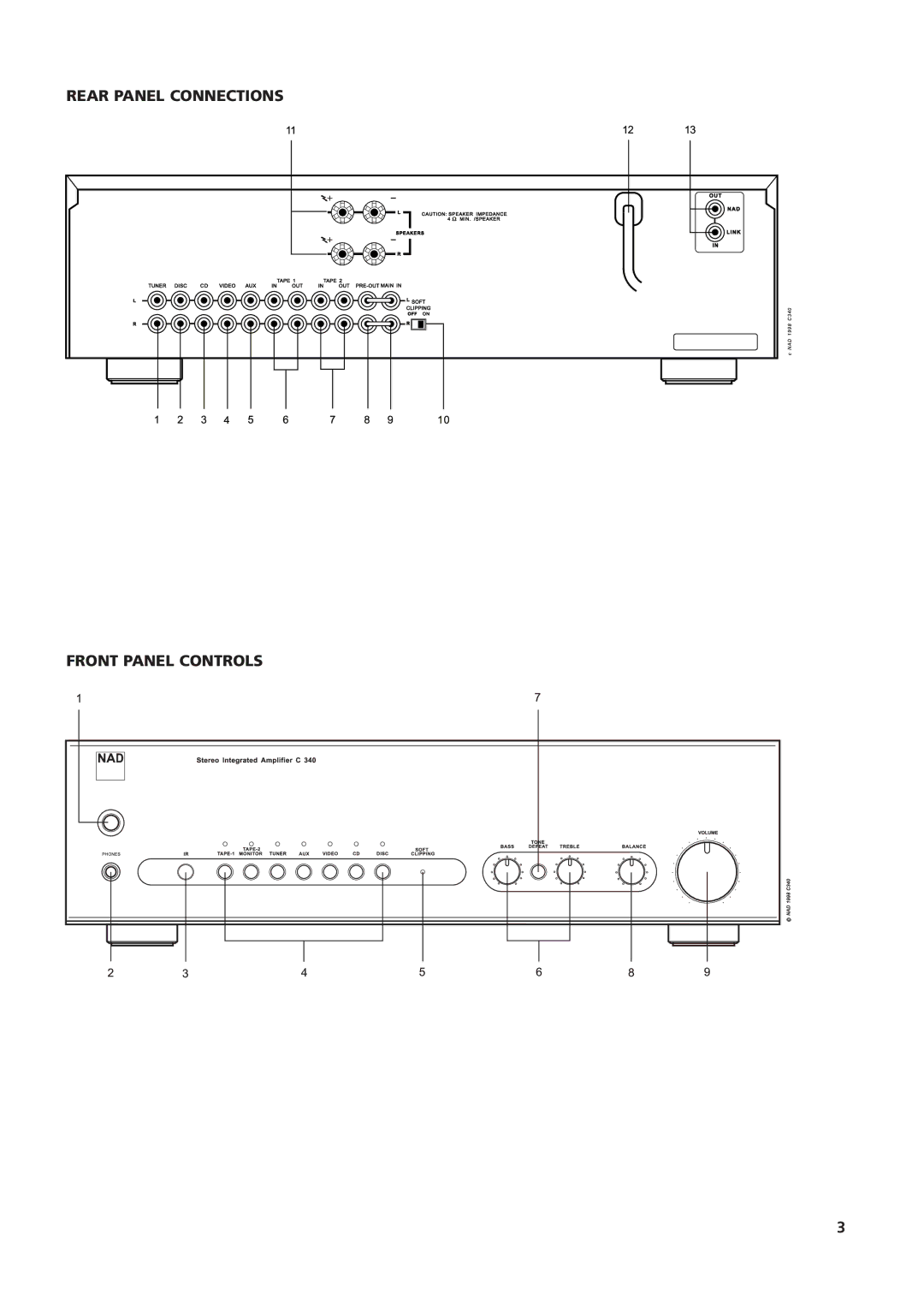 NAD C340 owner manual Rear Panel Connections Front Panel Controls 