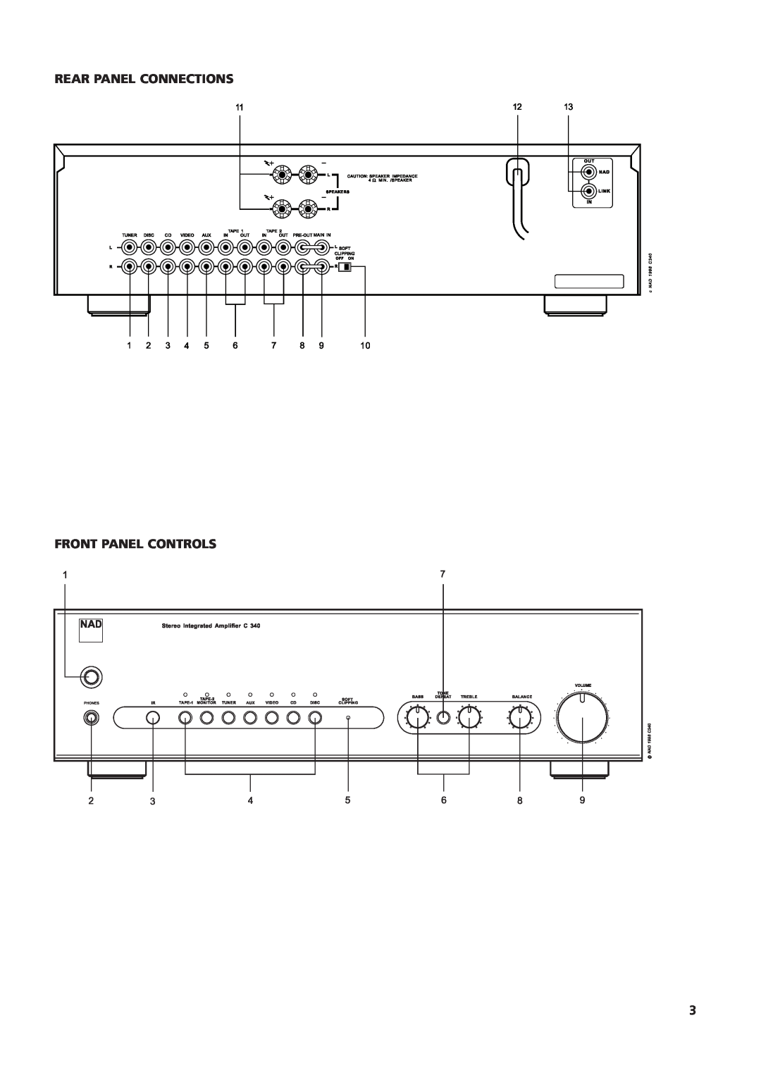 NAD C340 owner manual Rear Panel Connections, Front Panel Controls 