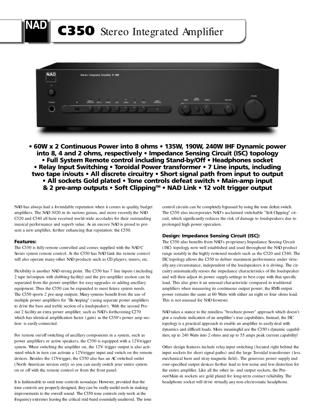 NAD brochure C350 Stereo Integrated Amplifier, Features, Design Impedance Sensing Circuit ISC 