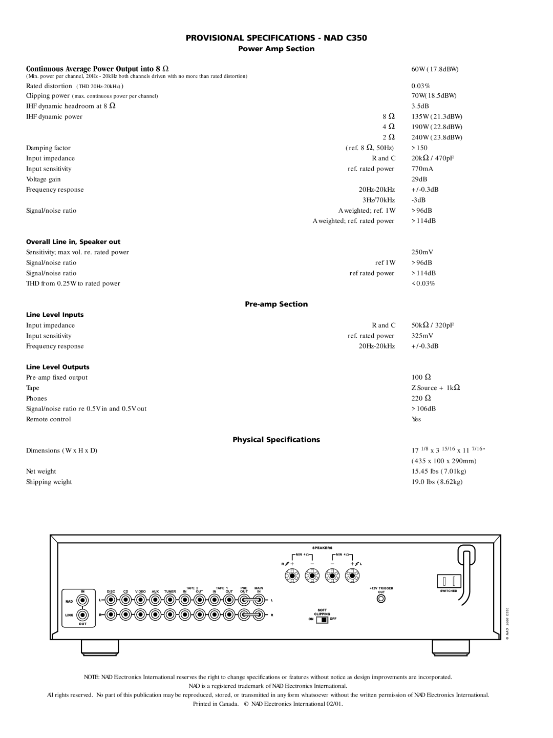 NAD brochure Provisional Specifications NAD C350 