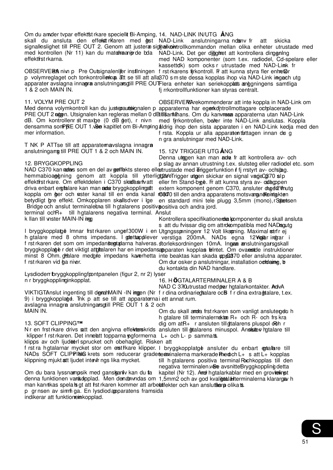 NAD C370 owner manual Volym PRE OUT, Bryggkoppling, Nad-Link In/Utgång, Trigger Utgång, 16. Högtalarterminaler a & B 