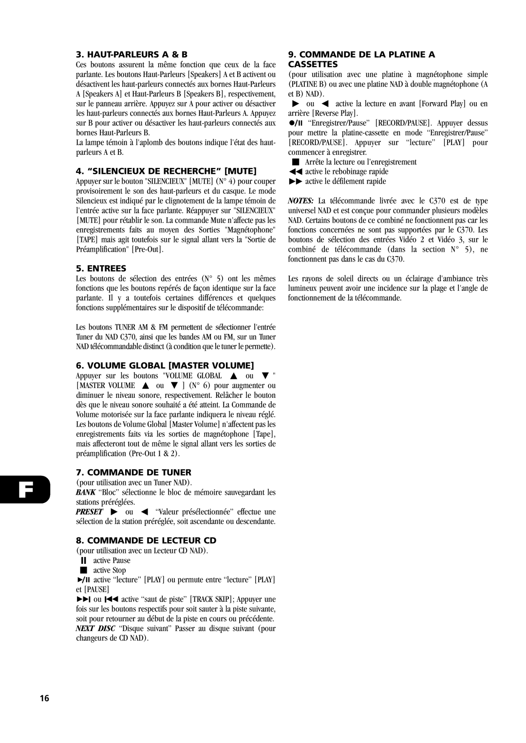 NAD C370 Haut-Parleursa & B, 4.“SILENCIEUX DE RECHERCHE” MUTE, Entrees, Volume Global Master Volume, Commande De Tuner 