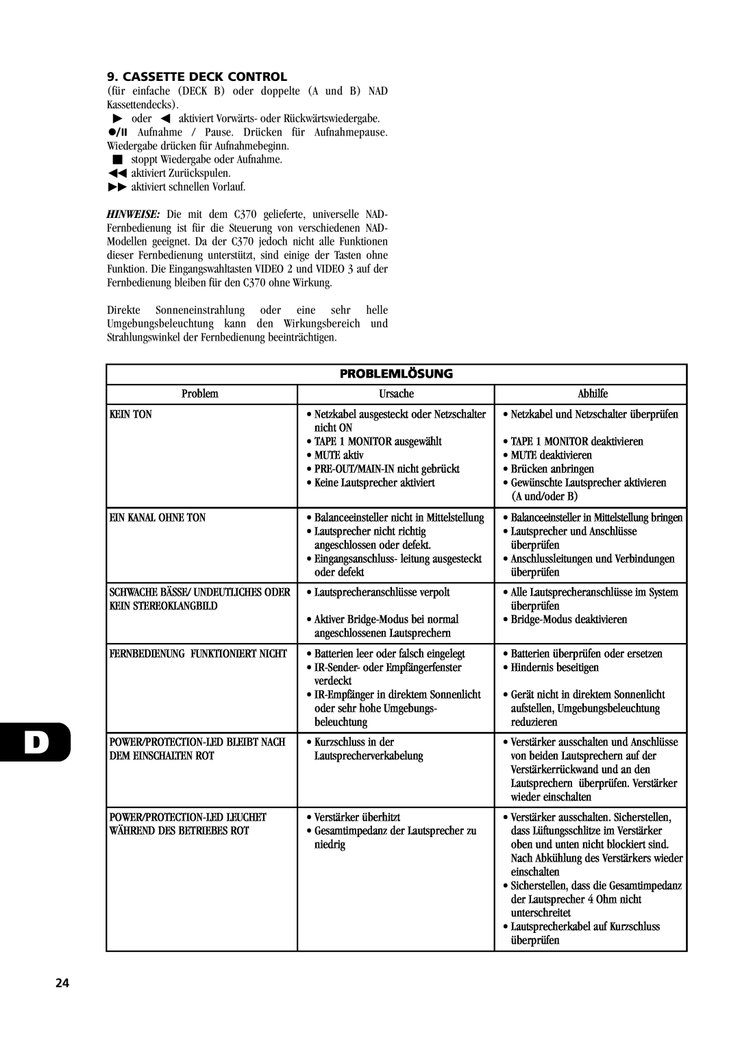 NAD C370 owner manual Cassette Deck Control, Problemlösung 