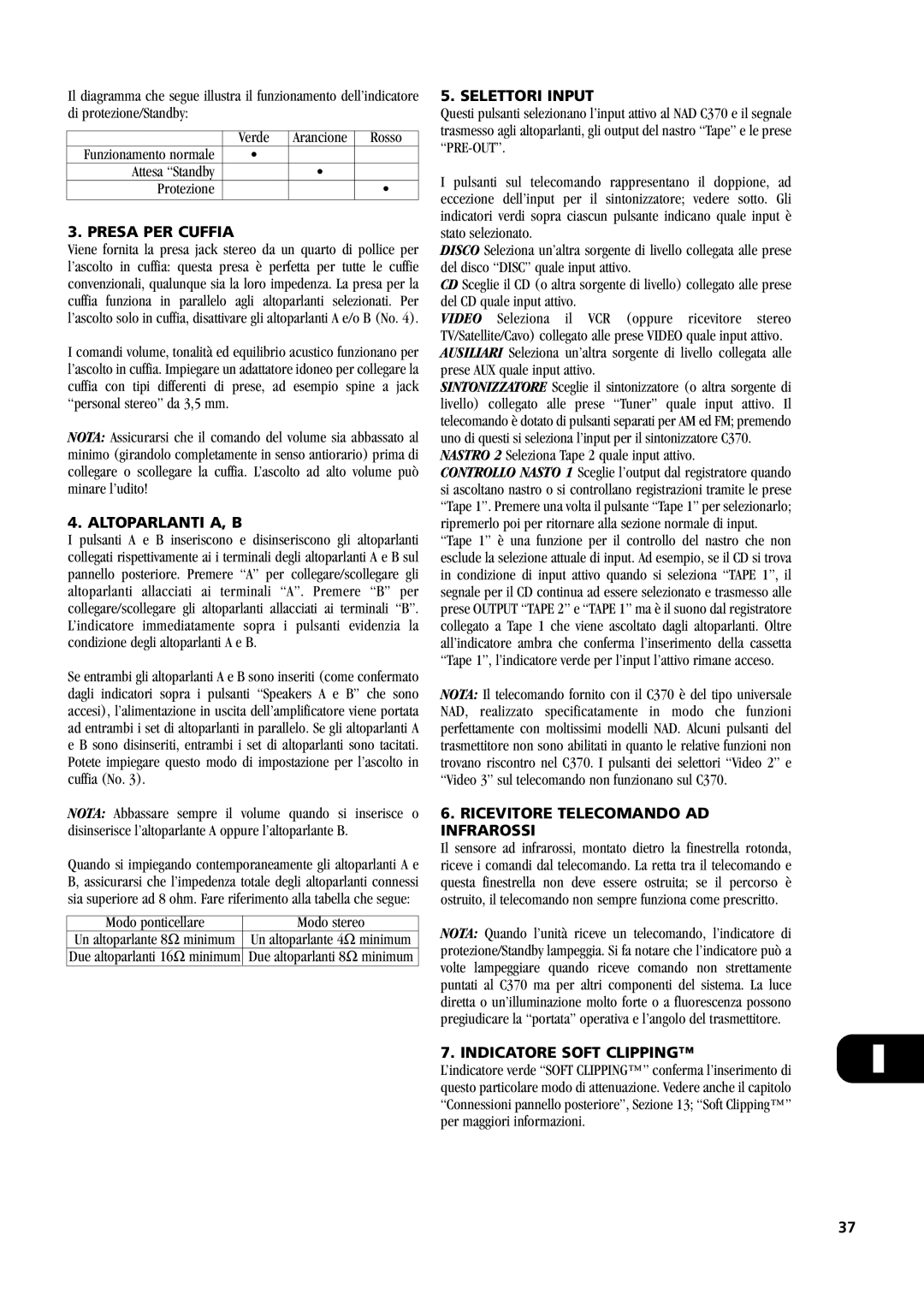 NAD C370 owner manual Presa Per Cuffia, Altoparlanti A, B, Selettori Input, Ricevitore Telecomando Ad Infrarossi 