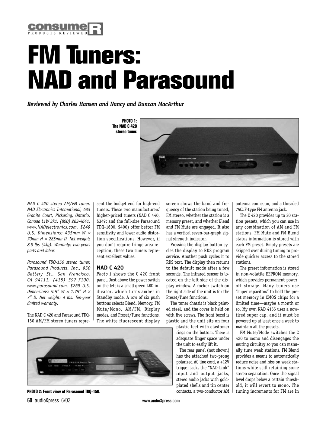 NAD C420 dimensions Nad C, audioXpress 6/02, PHOTO 2 Front view of Parasound TDQ-150, FM Tuners NAD and Parasound, Ca 