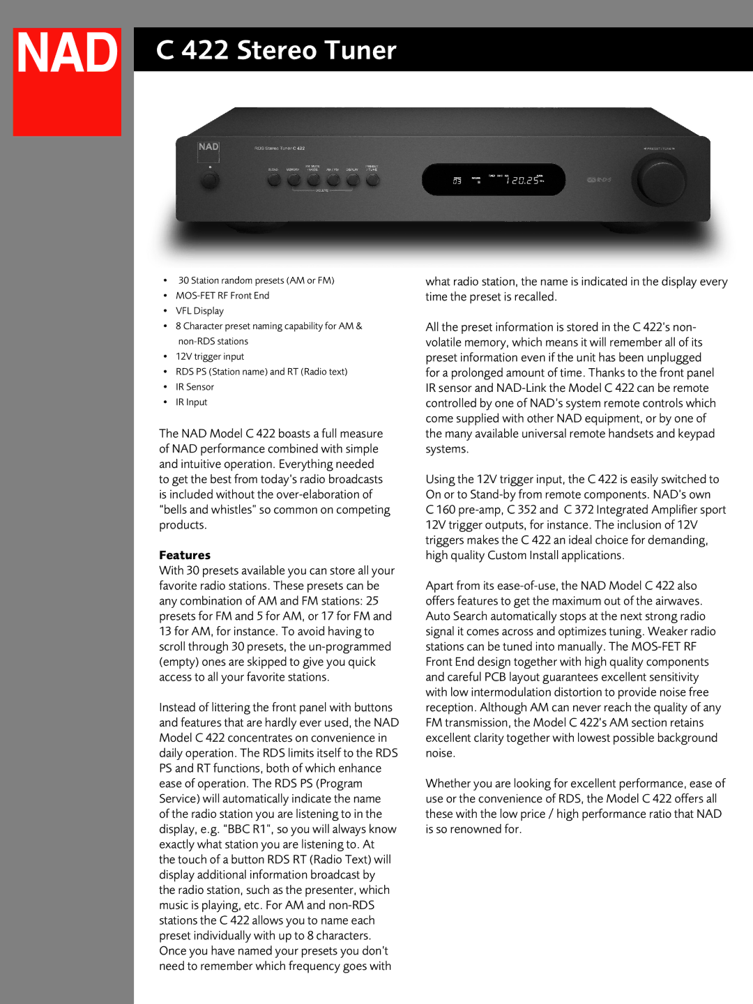 NAD C422 manual Stereo Tuner, Features, Time the preset is recalled 