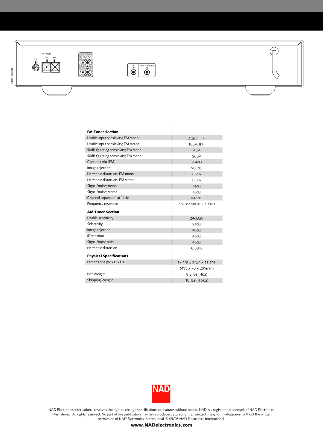 NAD C422 manual FM Tuner Section, AM Tuner Section, Physical Specifications 