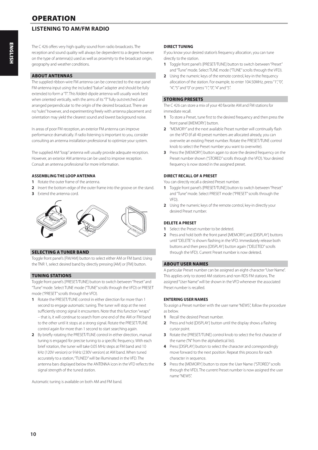 NAD C426 owner manual Operation, Listening to AM/FM Radio 