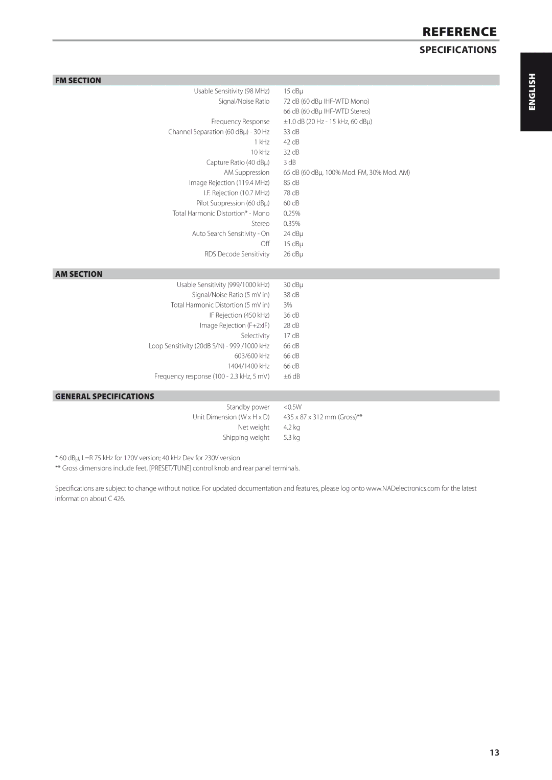 NAD C426 owner manual FM Section, AM Section, General Specifications 