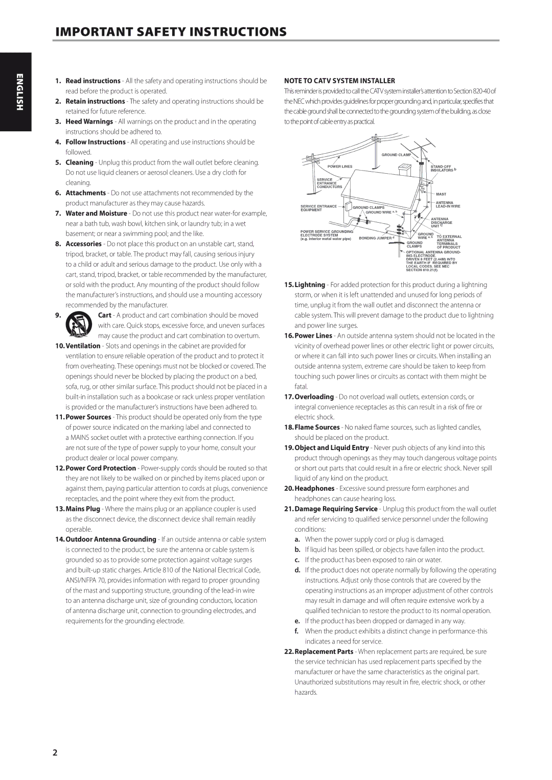 NAD C426 owner manual Important Safety Instructions, Cart a product and cart combination should be moved 