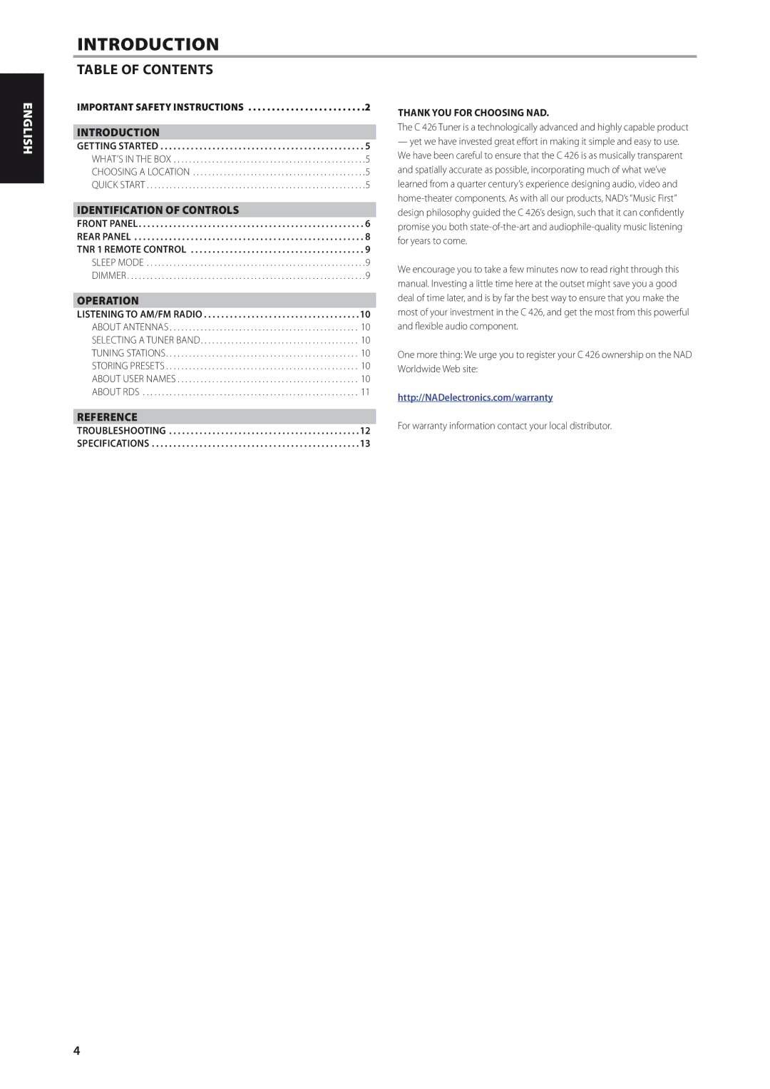 NAD C426 owner manual Introduction, Table of Contents 