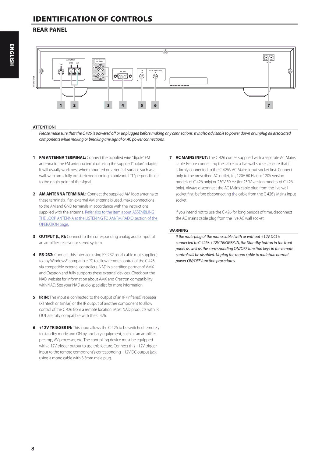 NAD C426 owner manual Rear Panel 