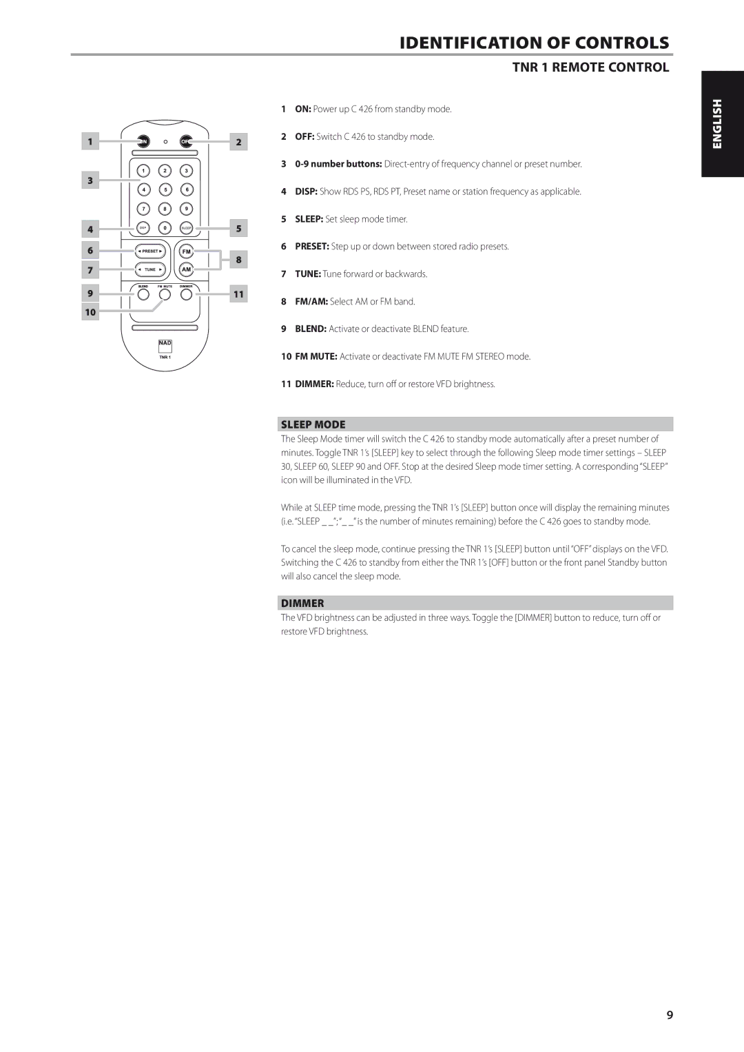 NAD C426 owner manual TNR 1 Remote Control, Sleep Mode, Dimmer 