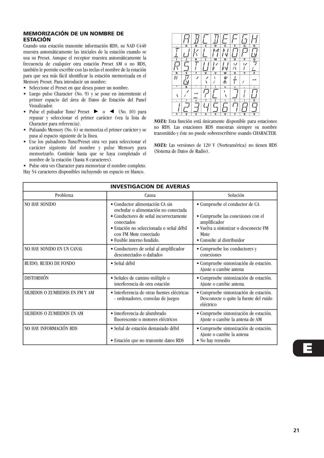 NAD C440 owner manual Memorización DE UN Nombre DE Estación, Investigacion DE Averias 