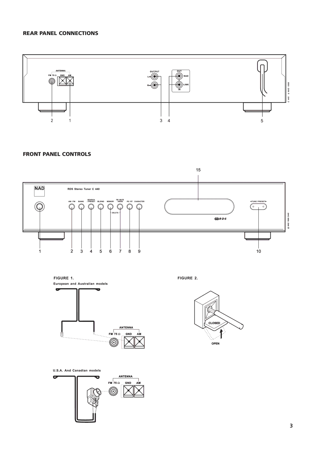 NAD C440 owner manual Rear Panel Connections Front Panel Controls 