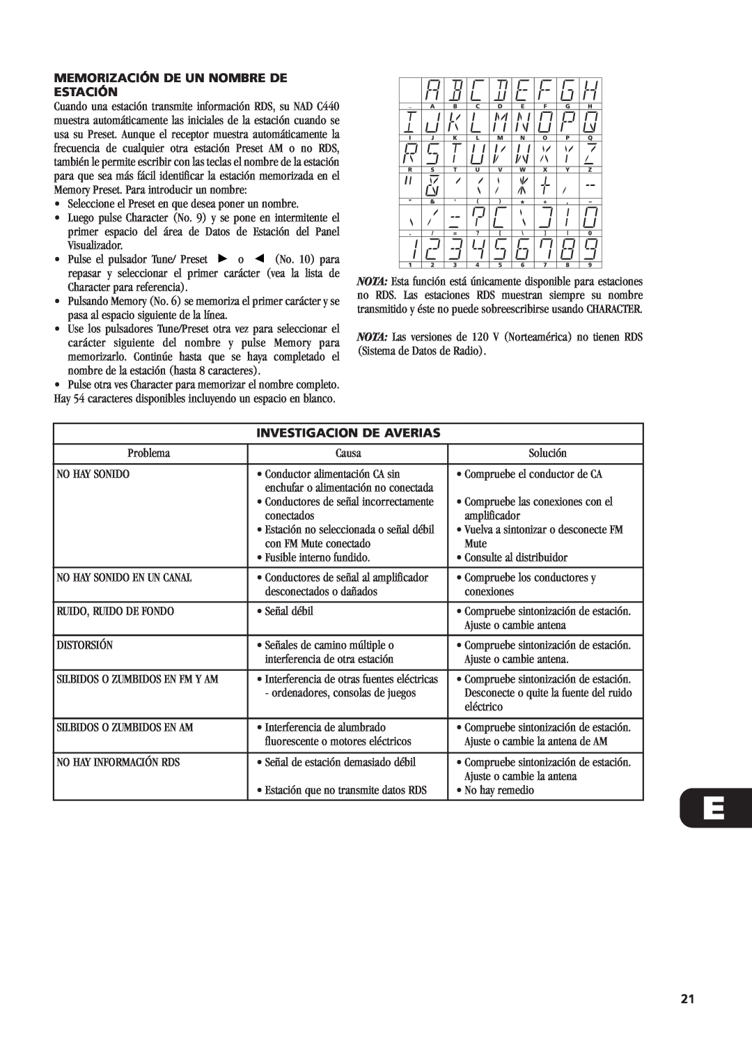 NAD C440 owner manual Memorización De Un Nombre De Estación, Investigacion De Averias 