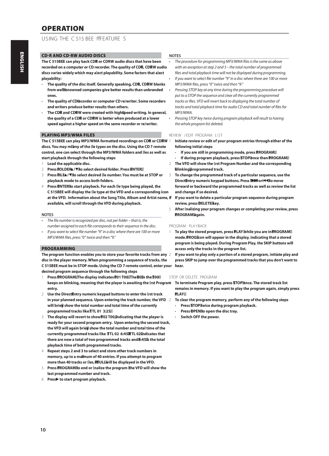 NAD C515BEE owner manual Operation, Using the C 515BEE Features, Playing MP3/WMA Files, Programming 