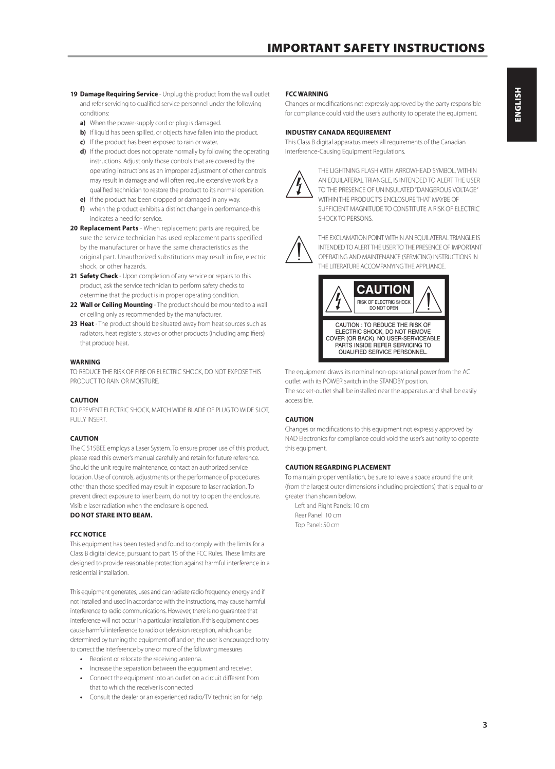 NAD C515BEE owner manual If the product has been exposed to rain or water, Do not Stare Into Beam FCC Notice, FCC Warning 