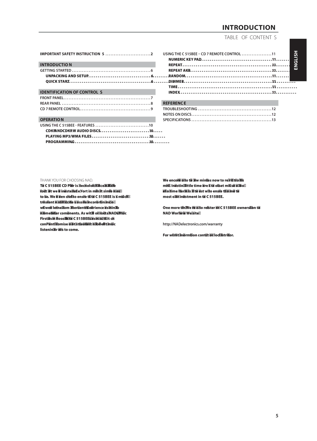 NAD C515BEE owner manual Introduction, Table of Contents 