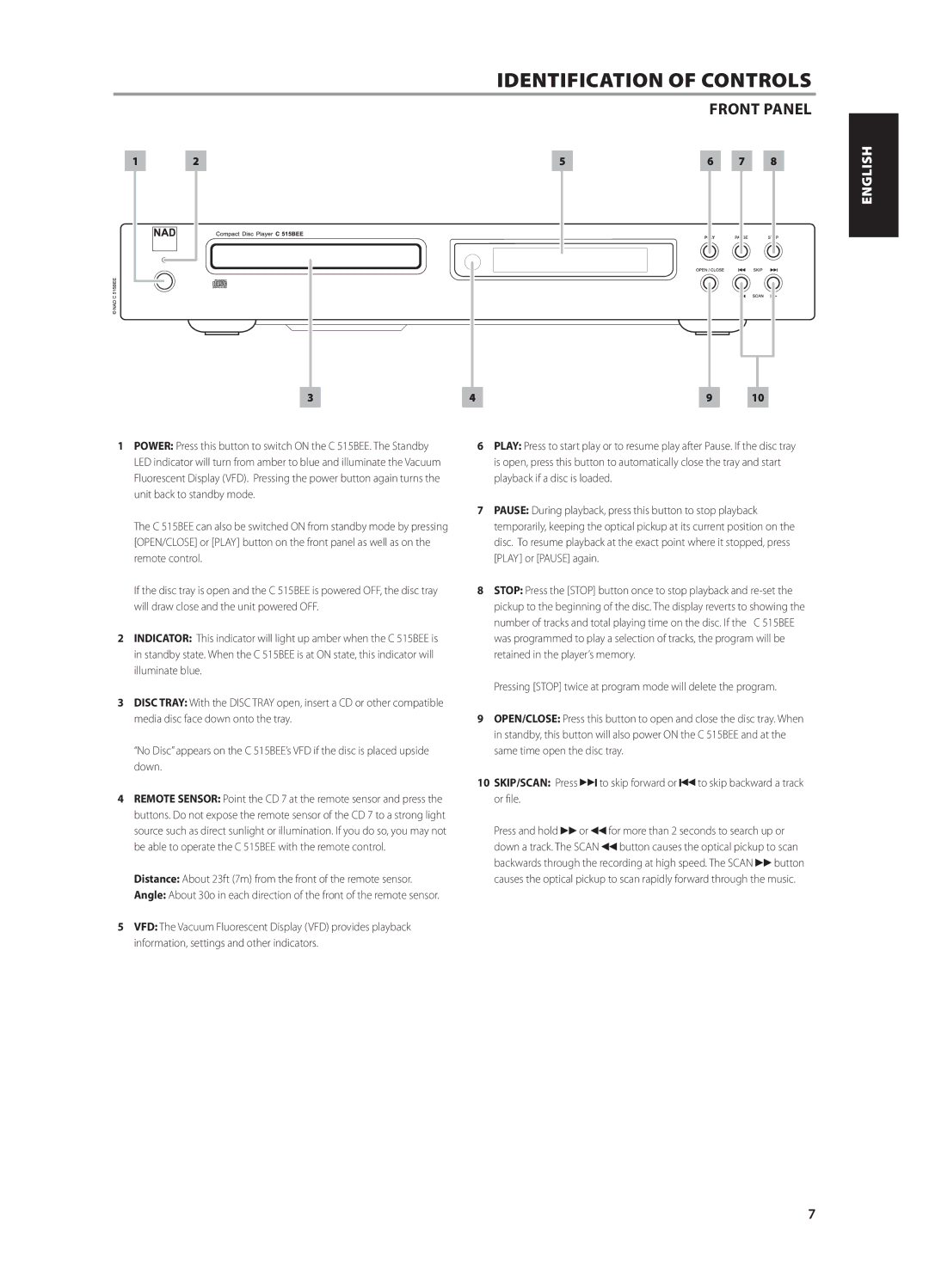 NAD C515BEE Identification of Controls, Front Panel, English Français, Español Italiano Svenska Nederlands Deutsch Русский 