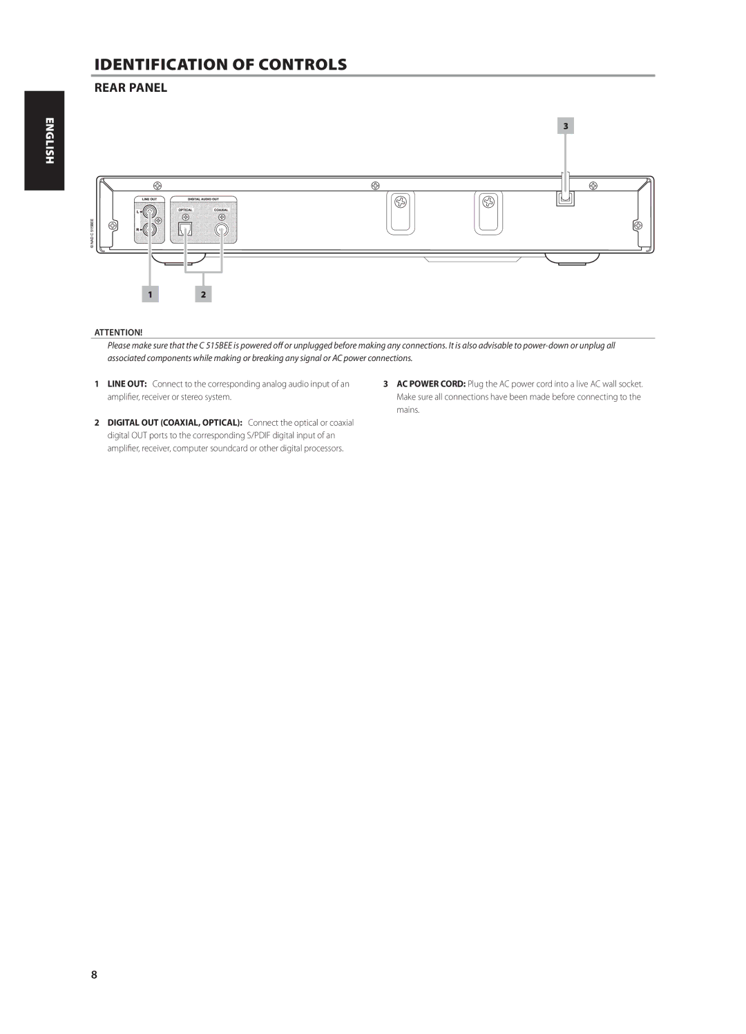 NAD C515BEE owner manual Rear Panel, Amplifier, receiver or stereo system, Mains 