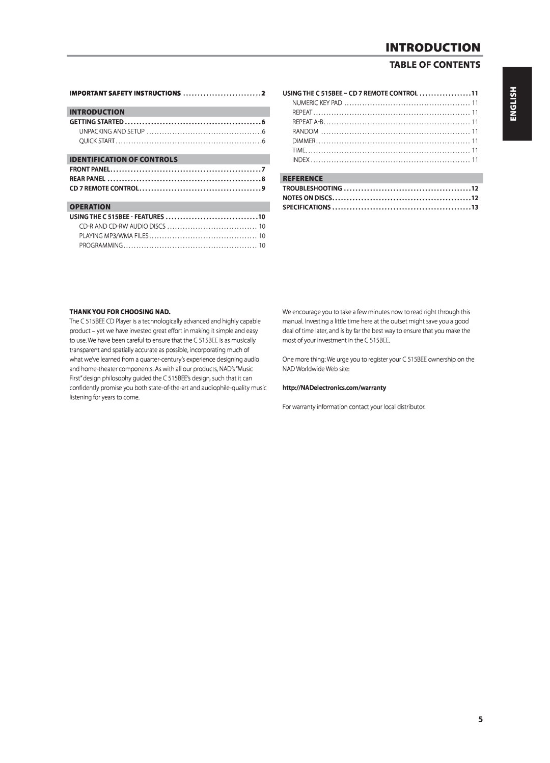 NAD C515BEE owner manual introduction, Table Of Contents, Identification Of Controls, Operation, Reference 